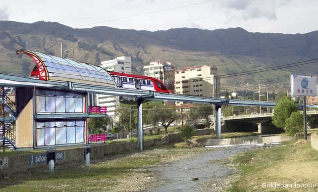 El tren monorriel elevado atravesando la zona de Cala Cala para descongestionar la ciudad, usando una ruta natural sobre el lecho canalizado del río Rocha. | Fotomontaje Sol de Pando